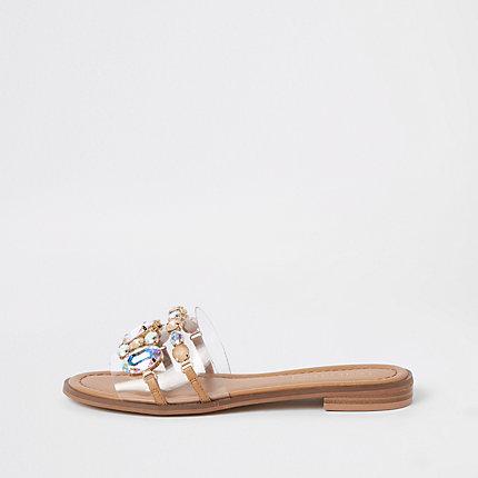 River Island Womens Nude Jewel Embellished Flat Sandals