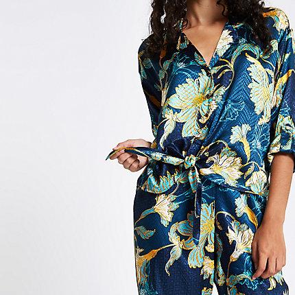 River Island Womens Floral Print Jacquard Tie Front Shirt