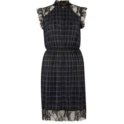 River Island Womens Check Pleated Dress With Lace Trim