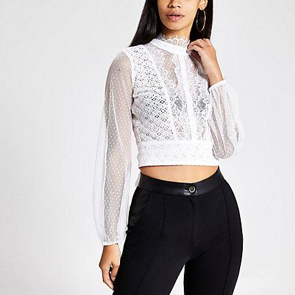 River Island Womens Long Sleeve Lace Crop Top