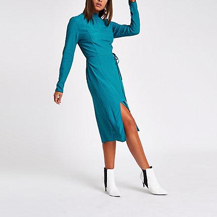 River Island Womens Shirred High Neck Split Midi Dress