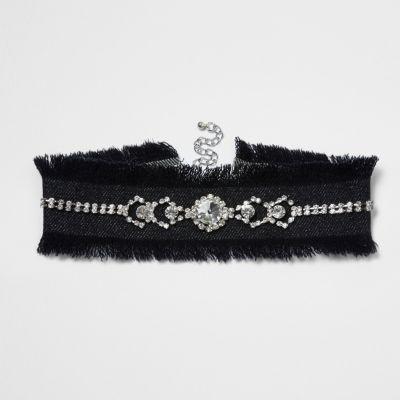 River Island Womens Frayed Edge Embellished Denim Choker