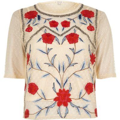 River Island Womens Dobby Mesh Floral Embroidered T-shirt