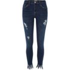 River Island Womens Dark Wash Frayed Amelie Super Skinny Jeans