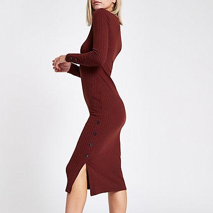 River Island Womens Petite Rust Rib Button Side Midi Dress