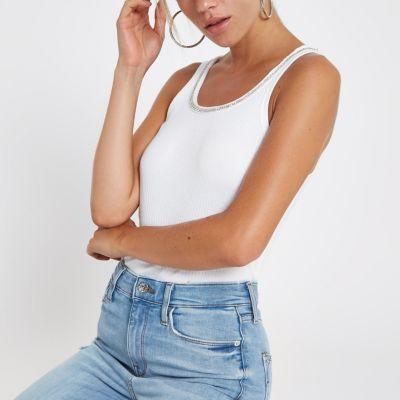 River Island Womens White Rib Rhinestone Trimk