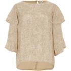 River Island Womens Gold Sequin Embellished Frill Sleeve Top