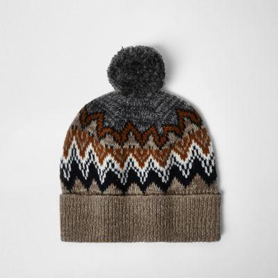 River Island Menslight Fairisle Knit Bobble Hat