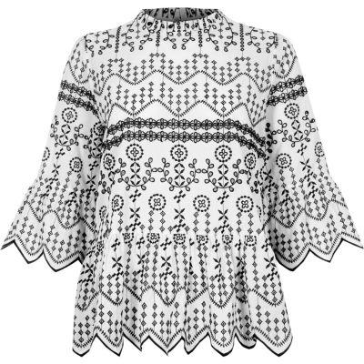 River Island Womens White Embroidered Cutaway Hem Smock Top