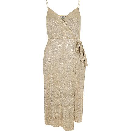 River Island Womens Petite Gold Plisse Wrap Midi Dress