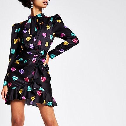 River Island Womens Heart Printed Long Sleeve Mini Dress