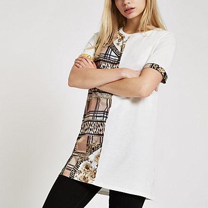 River Island Womens White Scarf Print Trim Loose Fit T-shirt