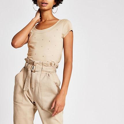 River Island Womens Scoop Neck Sequin Embellished T-shirt