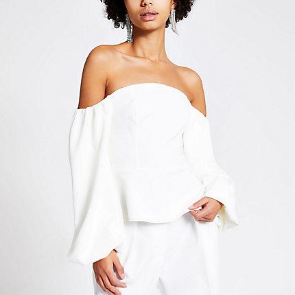 River Island Womens White Puff Sleeve Bardot Cropped Top