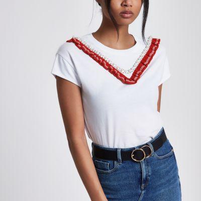 River Island Womens White Faux Pearl Tape Embellished T-shirt