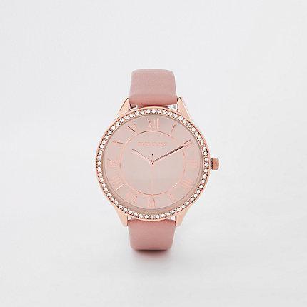 River Island Womens Rose Gold Tone Diamante Round Face Watch