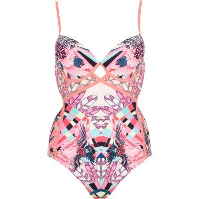 River Island Womens Feather Print Cut Out Plunge Swimsuit