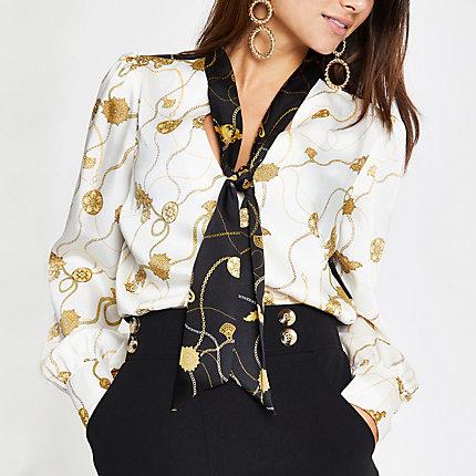 River Island Womens Petite Baroque Print Tie Neck Blouse