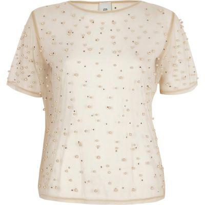 River Island Womens Mesh Faux Pearl Embellished T-shirt
