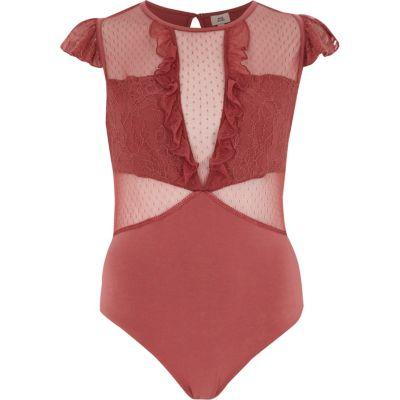River Island Womens Dobby Mesh Frill Bodysuit