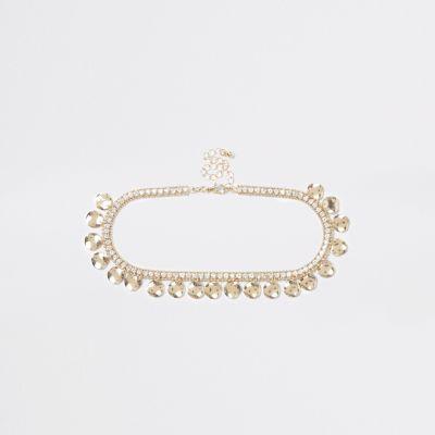 River Island Womens Gold Tone Diamante Hammered Disc Choker
