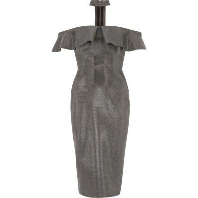 River Island Womens Silver Choker Bardot Bodycon Midi Dress