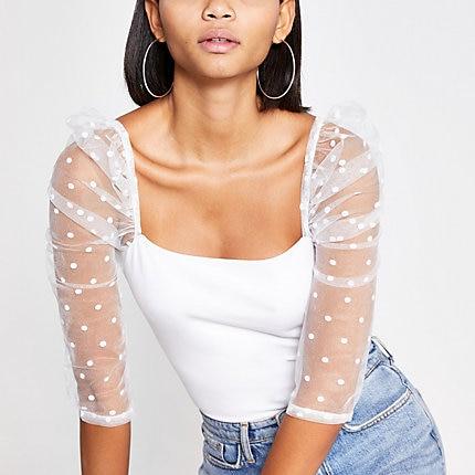 River Island Womens White Long Polka Dot Mesh Puff Sleeve Top