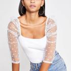 River Island Womens White Long Polka Dot Mesh Puff Sleeve Top