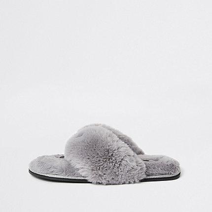River Island Womens Diamante Faux Fur Slippers