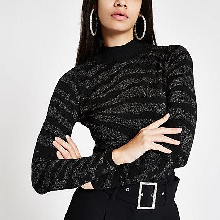 River Island Womens Silver Zebra Print High Neck Knit Jumper