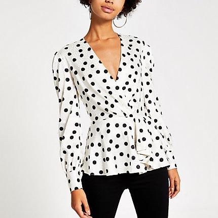 River Island Womens White Polka Dot Wrap Peplum Top