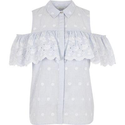 River Island Womens Stripe Floral Frill Cold Shoulder Shirt