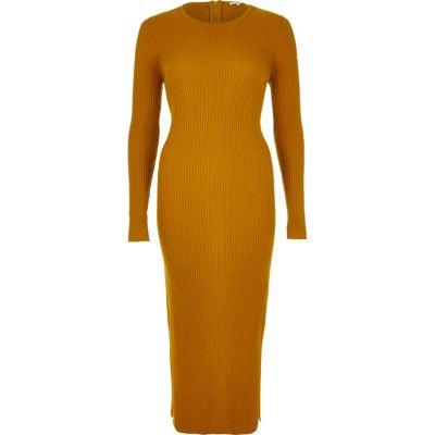 River Island Womens Yellow Ribbed Bodycon Midi Dress