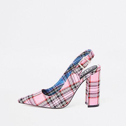River Island Womens Plaid Block Heel Sling Back Pumps