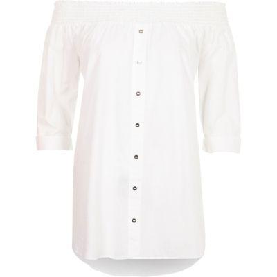 River Island Womens White Button Front Shirred Bardot Top