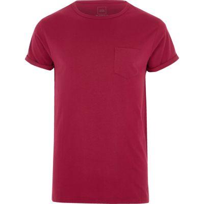 River Island Mens Berry Rolled Sleeve Pocket T-shirt