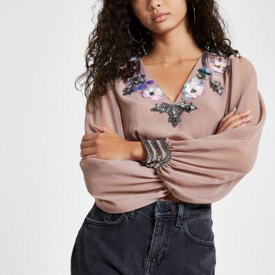 River Island Womens Floral Sequin Embellished Crop Top