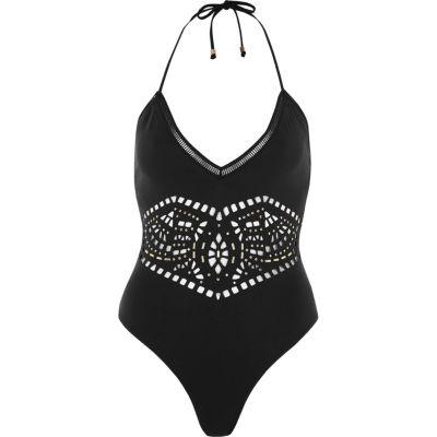 River Island Womens Laser Cut Studded Halter Neck Swimsuit