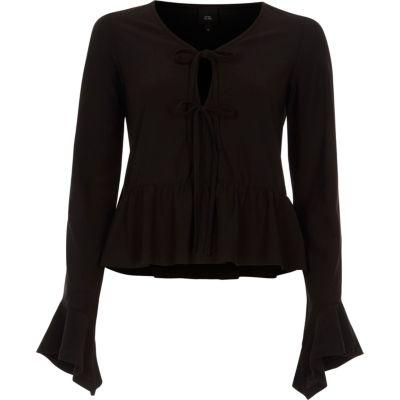 River Island Womens Tie Front Frill Hem Long Sleeve Top