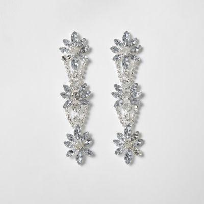 River Island Womens Silver Tone Floral Rhinestone Drop Earrings