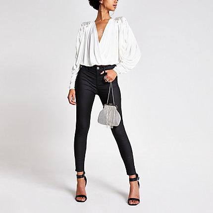 River Island Womens White Diamante Shoulder Wrap Front Top