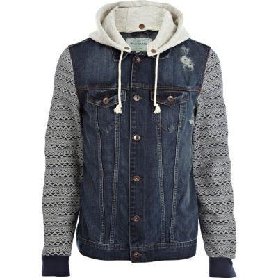 River Island Dark Wash Aztec Sleeve Denim Jacket