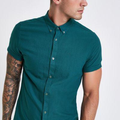 River Island Mens Green Short Sleeve Oxford Shirt