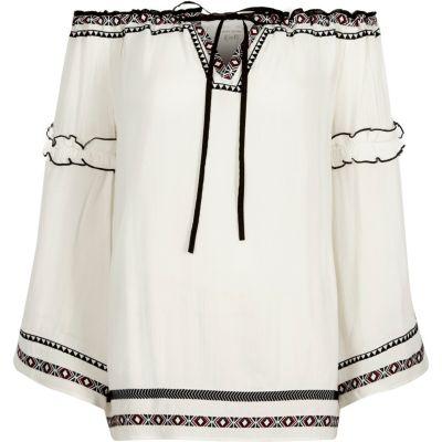 River Island Womens White Embroidered Bardot Smock Top