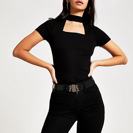 River Island Womens Short Sleeve Choker Cut Out T-shirt