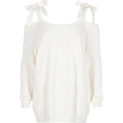 River Island Womens White Tie Shoulder Knit Sweater