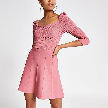 River Island Womens Puff Sleeve Pointelle Dress