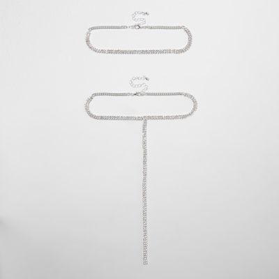 River Island Womens Silver Tone Rhinestone Plunge Choker Pack