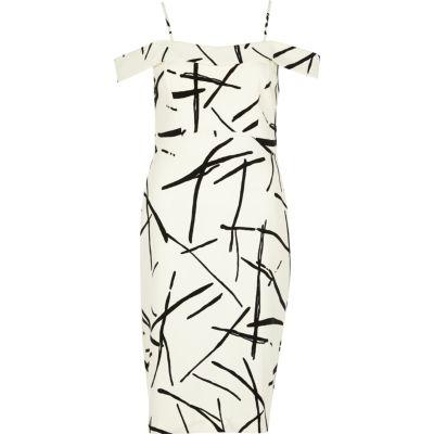 River Island Womens White Abstract Print Bardot Bodycon Dress