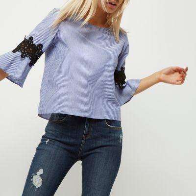 River Island Womens Petite Stripe Crochet Bell Sleeve Top